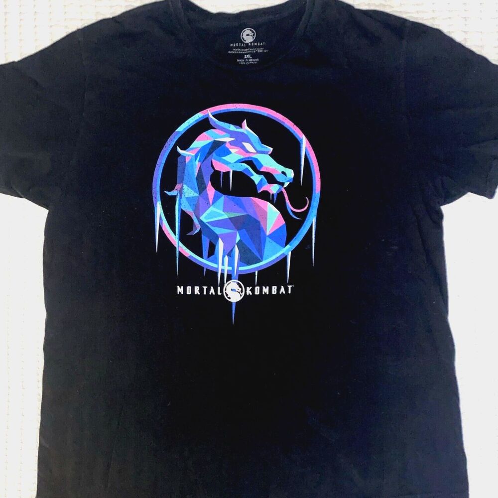 Mortal Kombat Video Game Frozen Dragon Logo Sub Zero Black Tshirt Size 2XL